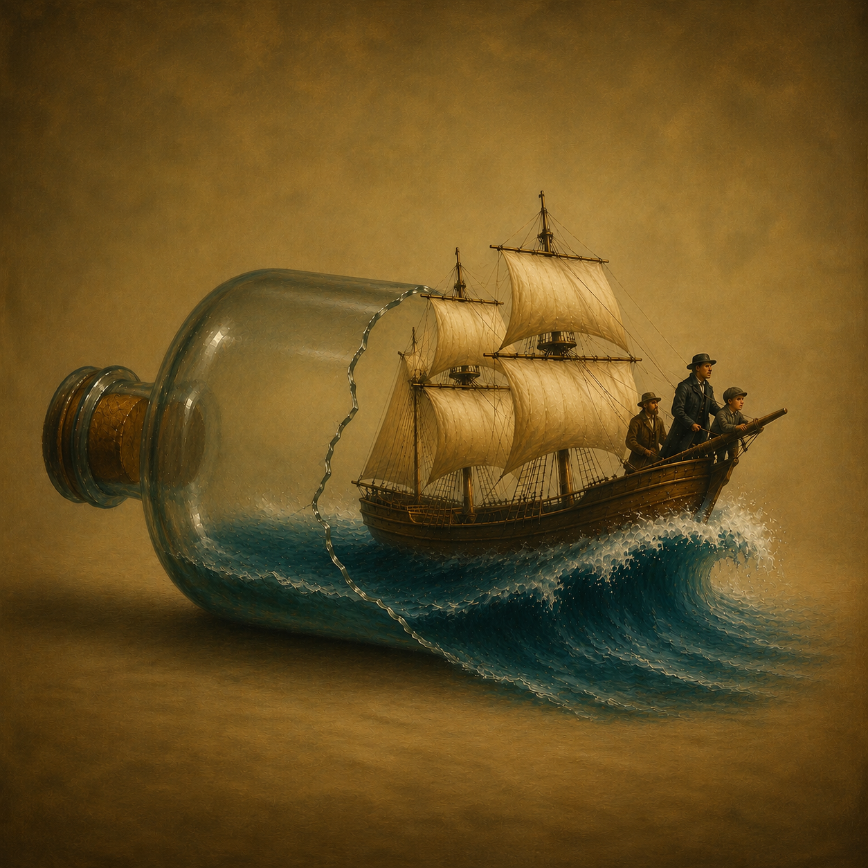 A sailing ship bursting out of a glass bottle on a cresting wave, its crew gazing ahead